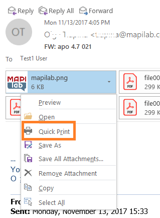 Quick Print in Outlook drop-down menu