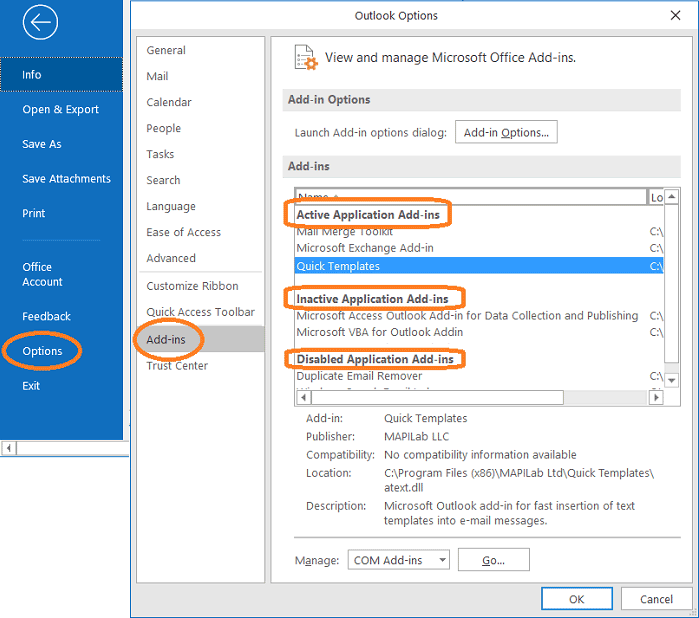 Add-ins in Outlook options