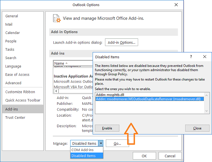 Manage disabled Outlook add-ins