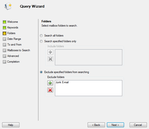 Define Exchange folders for keyword searching