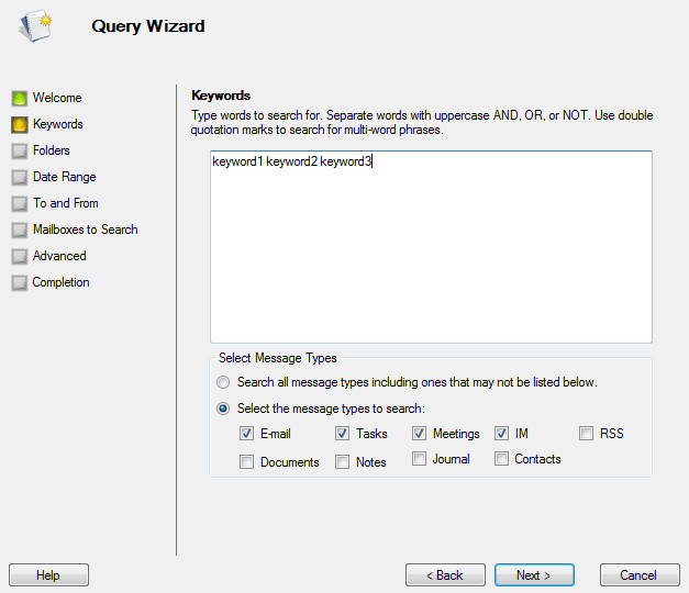 Define keywords for searching on Exchange Server