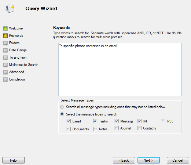 Searching by phrase in Exchange mailboxes