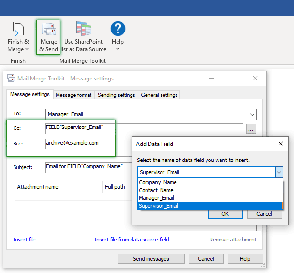 add cc and bcc in mail merge