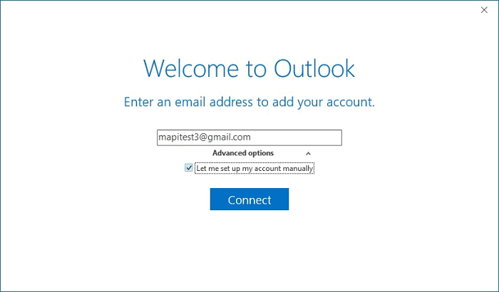 Manual setup of email account in Outlook