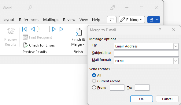 Mail Merge Email Options