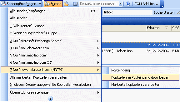 Outlook 2003 - Kopfzeilen im Posteingang downloaden