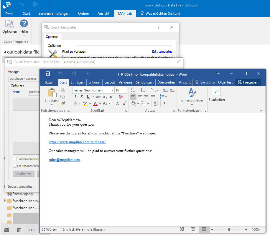 Quick Templates For Outlook Screenshots Vorgefertigte Vorlagen In Outlook Verwenden