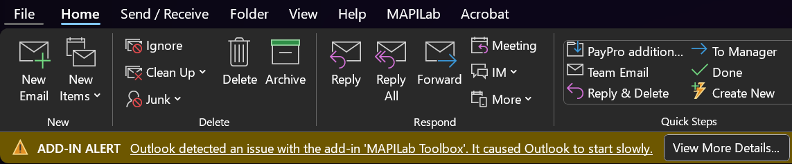 Outlook detected an issue with the add-in. It caused Outlook to start slowly.