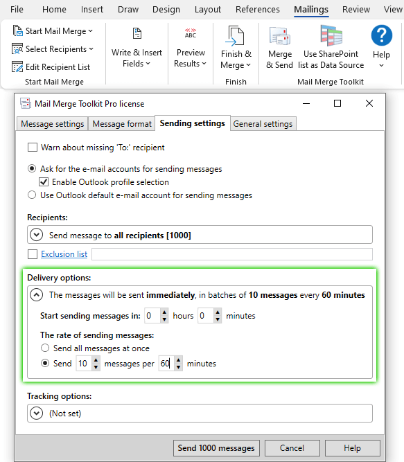 Mail Merge: delay sending and throttle emails