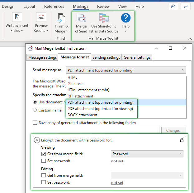 Add passwords to mail merge