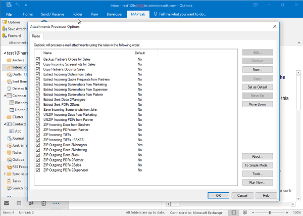 Rules list in Outlook Attachments Processor