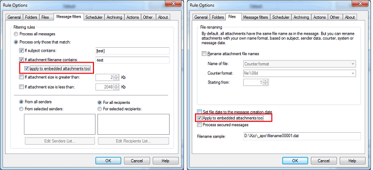 Embedded attachments settings