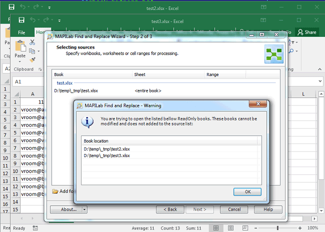 Find and Replace for Excel warning