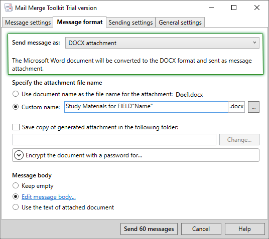 Mail merge with personalized attachment and message