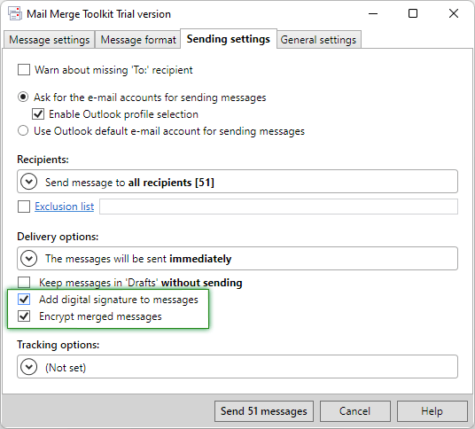 Digital signature and encryption in Mail Merge