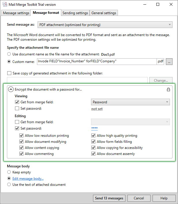 Password-protected PDF in mail merge