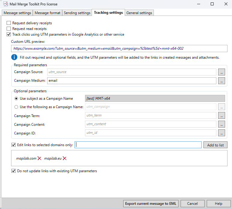 Mail Merge Toolkit new tracking settings