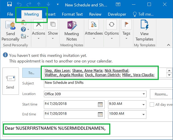 Personalized meeting invitation in Outlook