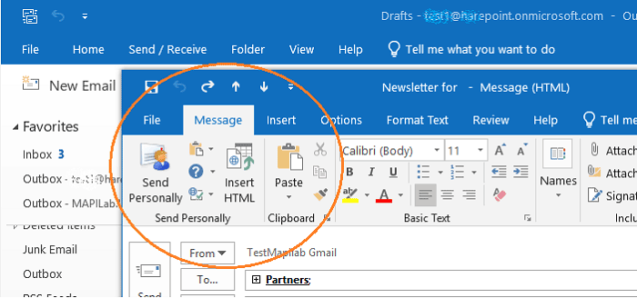 Send Personally in Outlook 2019 ribbon