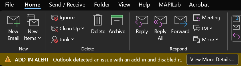 Outlook detected an issue with an add-in and disabled it