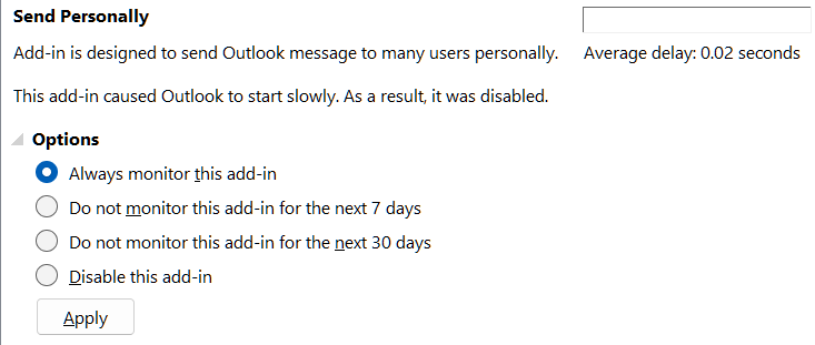 Do not monitor this add-in for the next 30 days