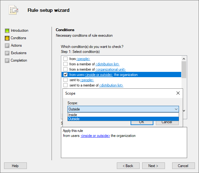 Separate rules for internal and external recipients