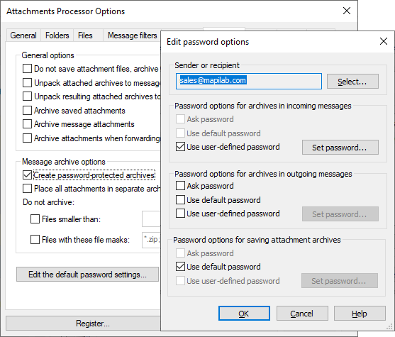 Configuration of Attachments Processor for Outlook password settings
