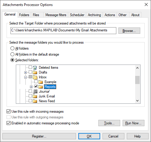 Selection of the mode to process outlook attachments