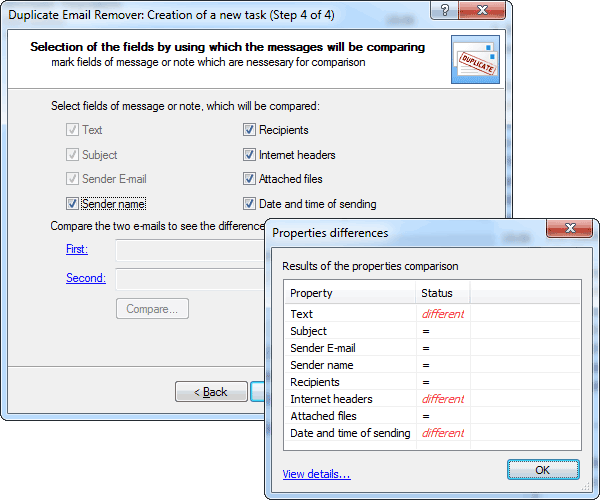 Selection fields for identifying email duplicates