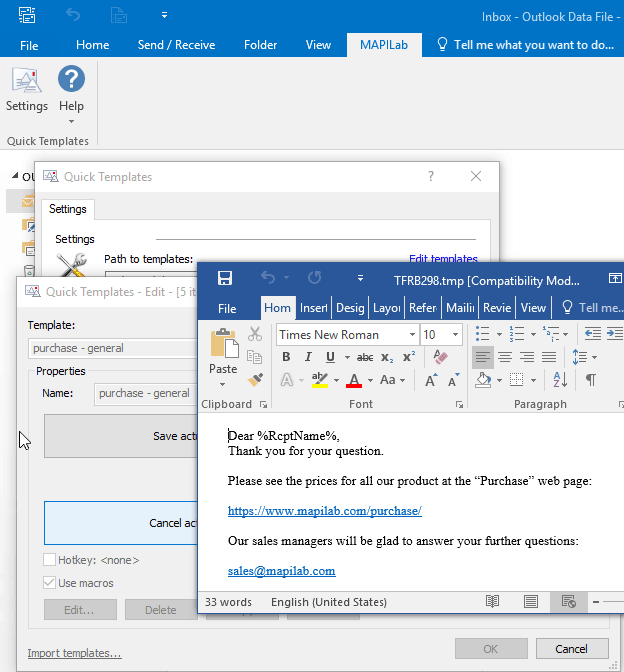 Windows 10 Quick Templates for Outlook full