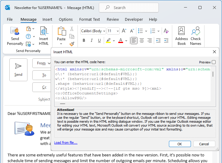 HTML bulk emails in Outlook