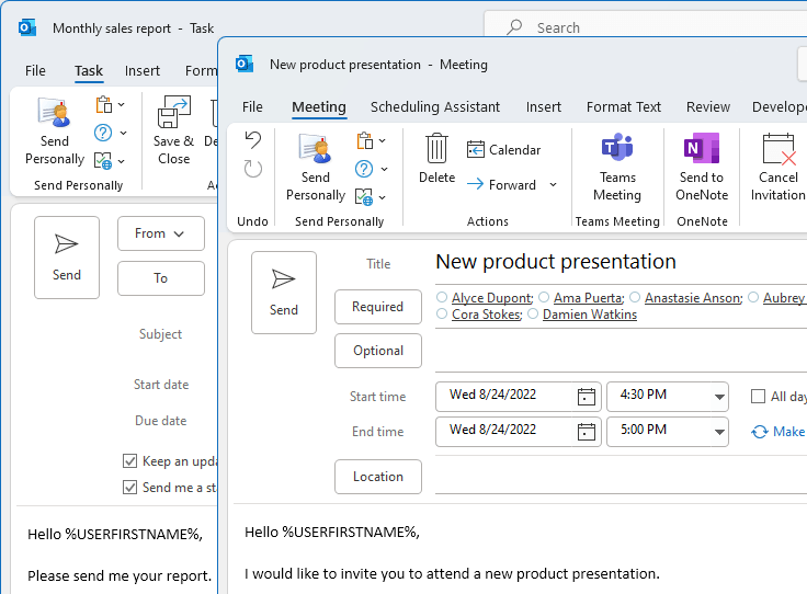 Personalized meeting requests and tasks