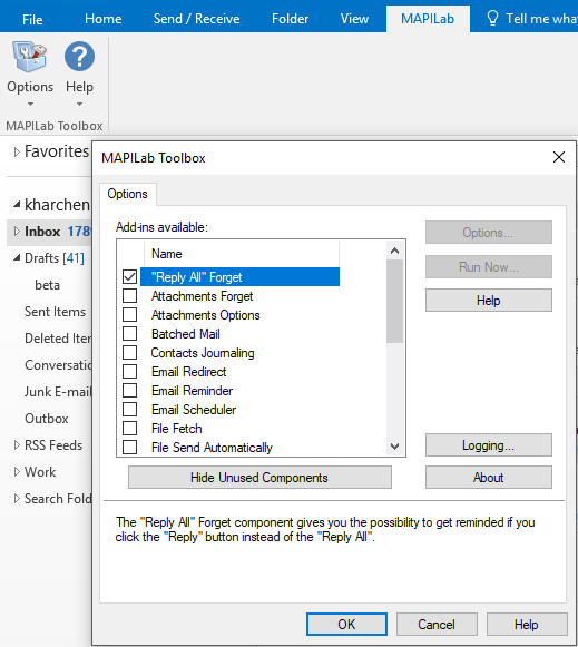 MAPILab Toolbox for Outlook settings