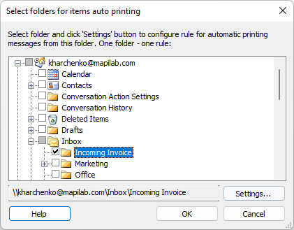 Folders for auto-printing in Print Tools for Outlook