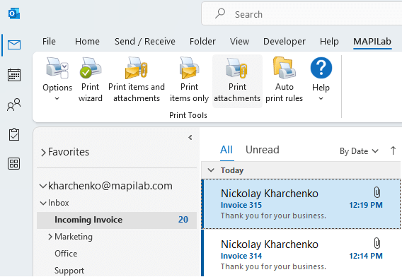 Print Tools options at Outlook ribbon